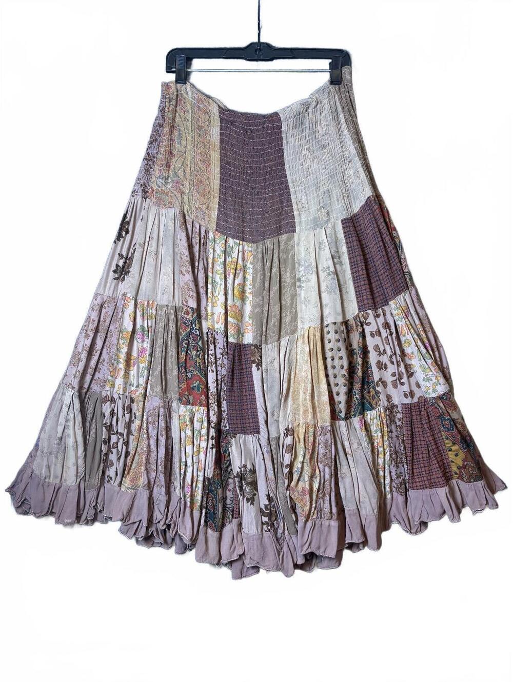Vintage Patchwork Bohemian Maxi Skirt in Earth Tones, Size Medium -R034